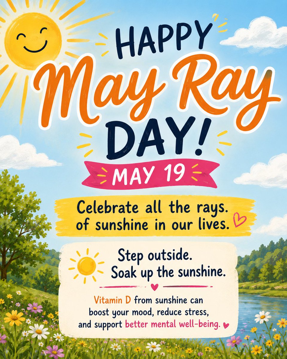 1wsfoundation's tweet photo. Happy National May Ray Day!
Sunlight triggers the release of Vit D and serotonin, which help regulate mood and lower stress hormones. Like natural sunlight, the "human" rays, our family, friends, and support systems, bring warmth into our world during dark or difficult times. https://t.co/wpFkFAtIVU