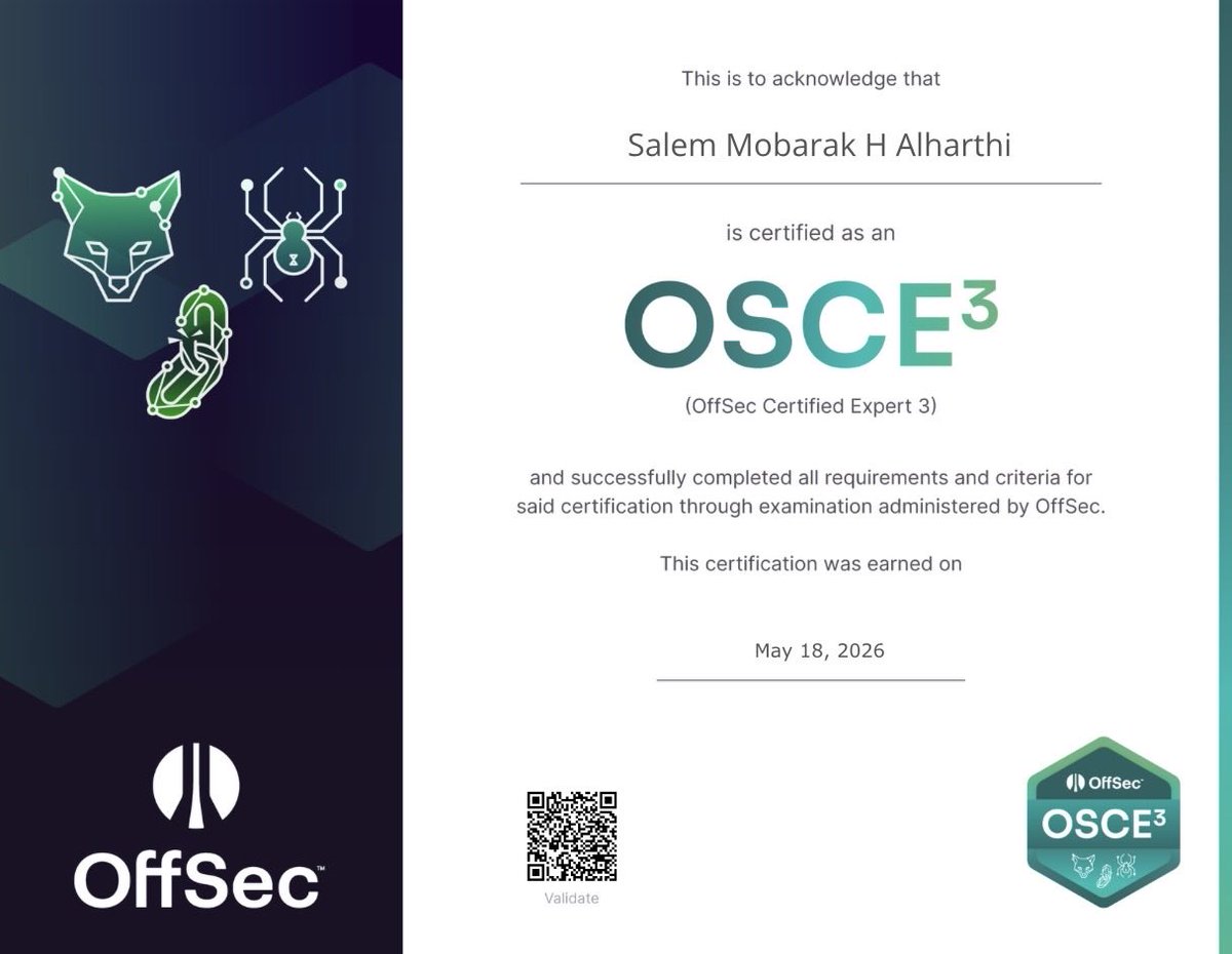 s09wz's tweet photo. الحمدلله،
I’m proud to share that I have earned the Offsec Exploit Developer (OSED) certification, and with this, I’ve achieved OSCE3. https://t.co/aa9AjeUHPw