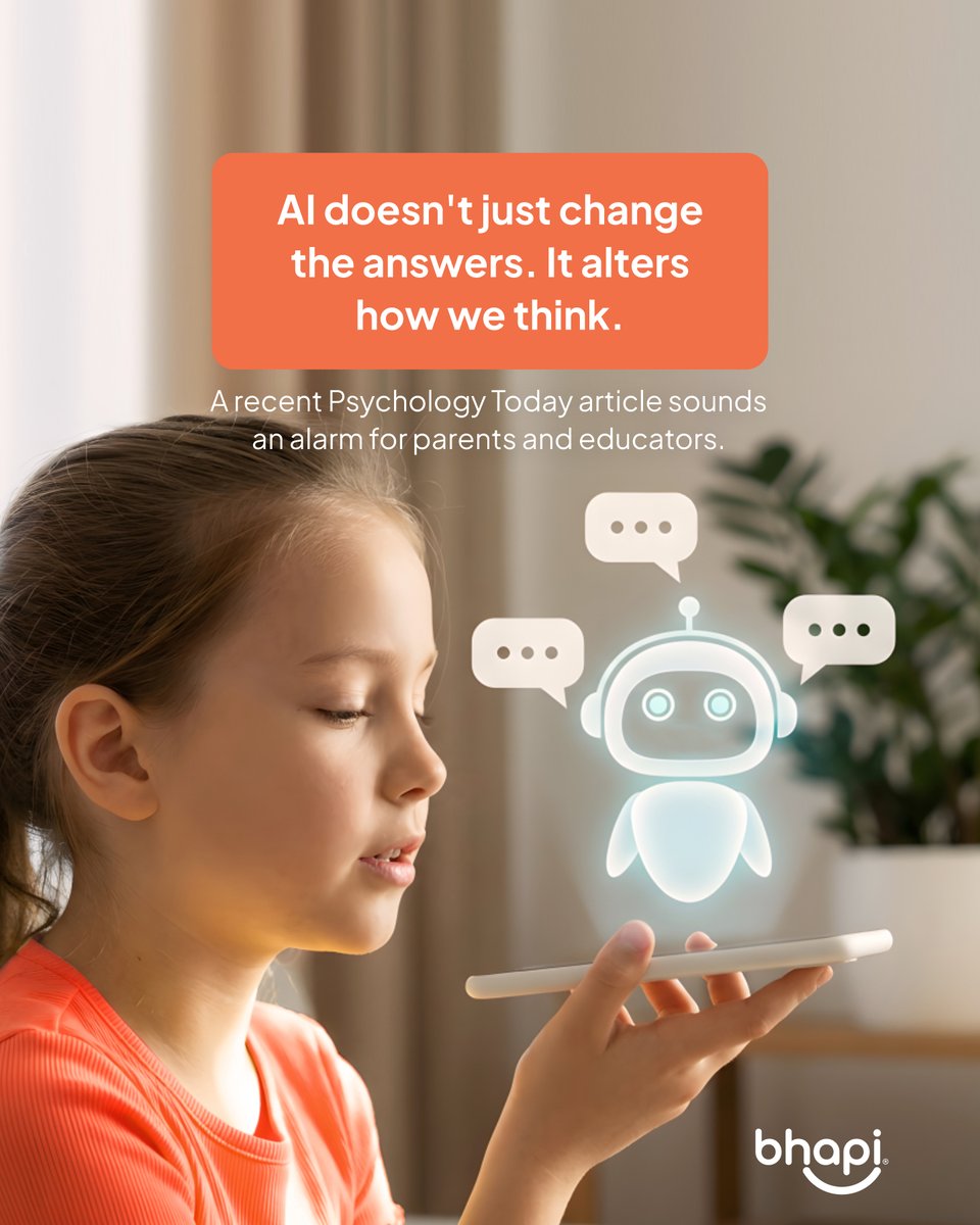 bhapi_io's tweet photo. Artificial Intelligence doesn't just change the answers; it reconfigures the thinking process itself. This is why our focus as educators and parents must shift beyond simple screen time tracking and content filters. 
Read the full article by Michael Esber: https://t.co/81AKTd2IDf https://t.co/x49KQJ1tAE