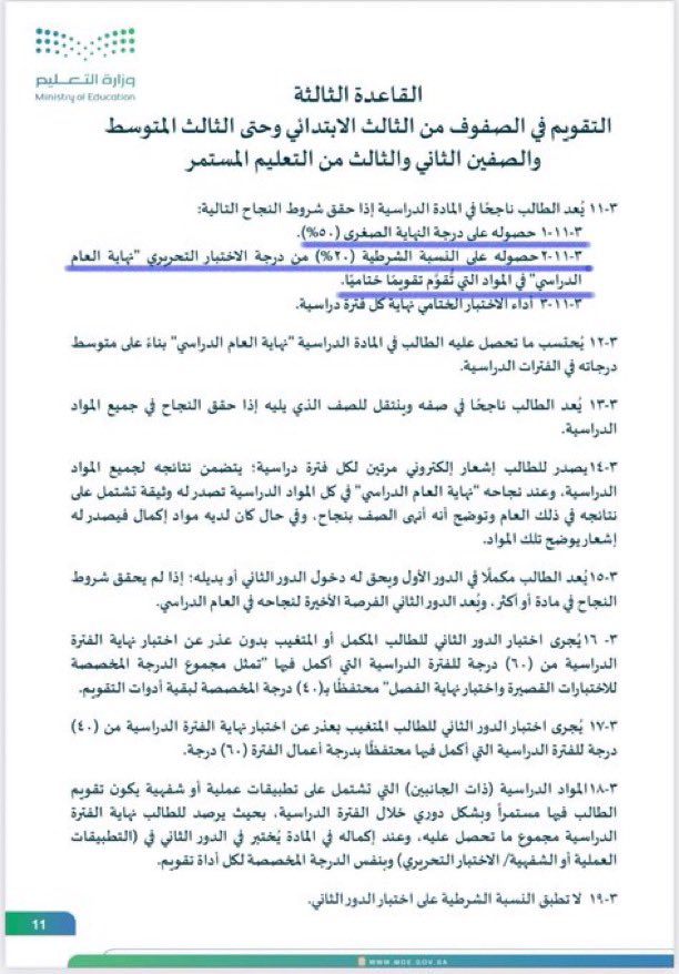 abo_ghaith3's tweet photo. درجات النجاح والدرجة الشرطية لجميع المواد الدراسية :

🔹في المرحلتين الابتدائية والمتوسطة :
١- حصول الطالب على ٥٠٪ من الدرجة الكلية في المقرر الدراسي. 
٢- تحقيق النهاية الشرطية ٢٠٪ من درجة اختبار نهاية العام الدراسي .
٣- حضور اختبار نهاية كل فصل.

🔹في المرحلة الثانوية : 
١- حصول الطالب على ٥٠٪ من الدرجة الكلية في المقرر الدراسي. 
٢- تحقيق الدرجة الشرطية ٢٠٪ في كل فصل دراسي