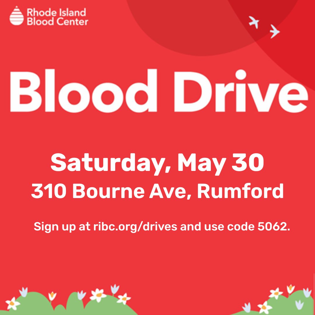 FeedRI401's tweet photo. Join us on Saturday, May 30 from 9AM until 1PM at 310 Bourne Ave, Rumford, RI for a blood drive with the Rhode Island Blood Center. To sign up, visit https://t.co/WN6hIcIVJr and use code 5062.

To prepare for your donation, stay hydrated and bring a photo ID. Must be 18+. #FeedRI https://t.co/M7UHf1UYKl