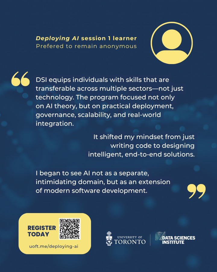 UofTDSI's tweet photo. Our learners are talking! Here’s what we’ve heard from one of our past Deploying AI microcredential learners.
Registration is now open for the June 16 - July 9, 2026 session of Deploying AI: https://t.co/dPnsdDxB3q https://t.co/So1eDbfNBz