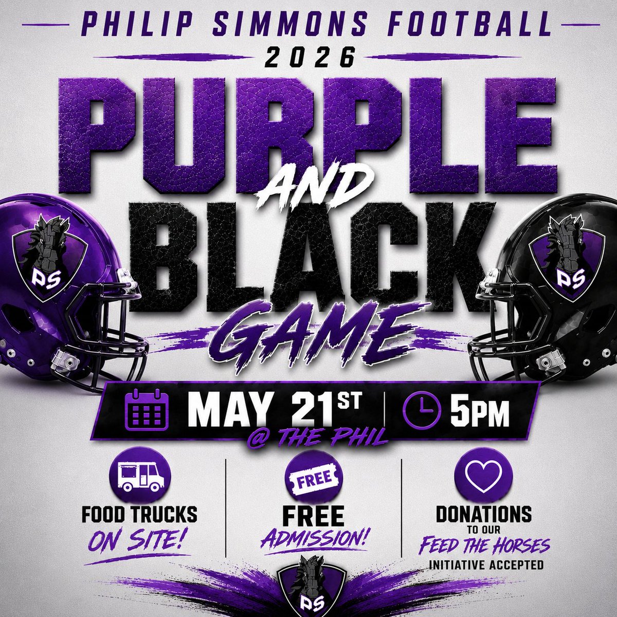 PSIronHorseFB's tweet photo. The 2026 Purple &amp; Black Game is set for this Thursday, May 21st at 5PM @ The Phil!

Food Trucks
Free Admission
Future Horses on Display

Join us for a look at the 2026 Iron Horses!

#W1nTheDay https://t.co/oRUqrdPzZx