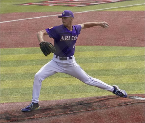 ahsaaradio's tweet photo. AHSAA Baseball Championships Spotlight presented by Drive Safe Alabama - Buckle up every trip, every seat!
Addison Senn - Ariton Baseball
Class 2A State Baseball Championship Series
Ariton Hurler Addison Senn hurls a
2-hitter to Force 3rd Game in 2A Series
JACKSONVILLE – Junior left-hander Addison Senn pitched two-hitter and struck out 13 to lift the Purple Cats to s 6-1 victory over Mars Hill Bible Tuesday morning at Jacksonville State’s
Rudy Abbott Field at Jim Case Stadium.
The victory forced a third game in the best-of-3 Class 2A State Baseball Championship series. That game was scheduled to start at 12:40 p.m. Tuesday at JSU. The NFHS Network is live video streaming all games in the 2026 State Baseball Championships this week over its subscriber-based platform.
Mars Hill Bible (31-11), a 4-0 winner in game one Monday, opened Tuesday’s game with a single run in the bottom of the first inning to take a quick 1-0 lead. Ariton, coached by Bob Pickett, posted three runs in the top of the third and added three in the sixth inning to seal the win with second baseman Brodie Lowery drilled a base hit to right field to plate two runs. Easton Kilpatrick also had one hit and two RBIs for Ariton, and right fielder Hayes Hammock had two hits.
Brooks Campbell had a double and Cody Willis had  single for the Panthers, coached by Josh Willingham. Campbell pitched five innings allowing six hits, all six runs and struck out three to get the loss. Reliever Cole Agee pitched the final two innings for Mars Hill allowing one hit and striking out 1.
Ariton hurler Addison Senn displays his form that accounted for 13 strikeouts  in the clutch for the Purple Cats in the 2A Series Tuesday at JSU (AHSAA PHOTO | David Holtsford) - Buckle up every trip, every seat!