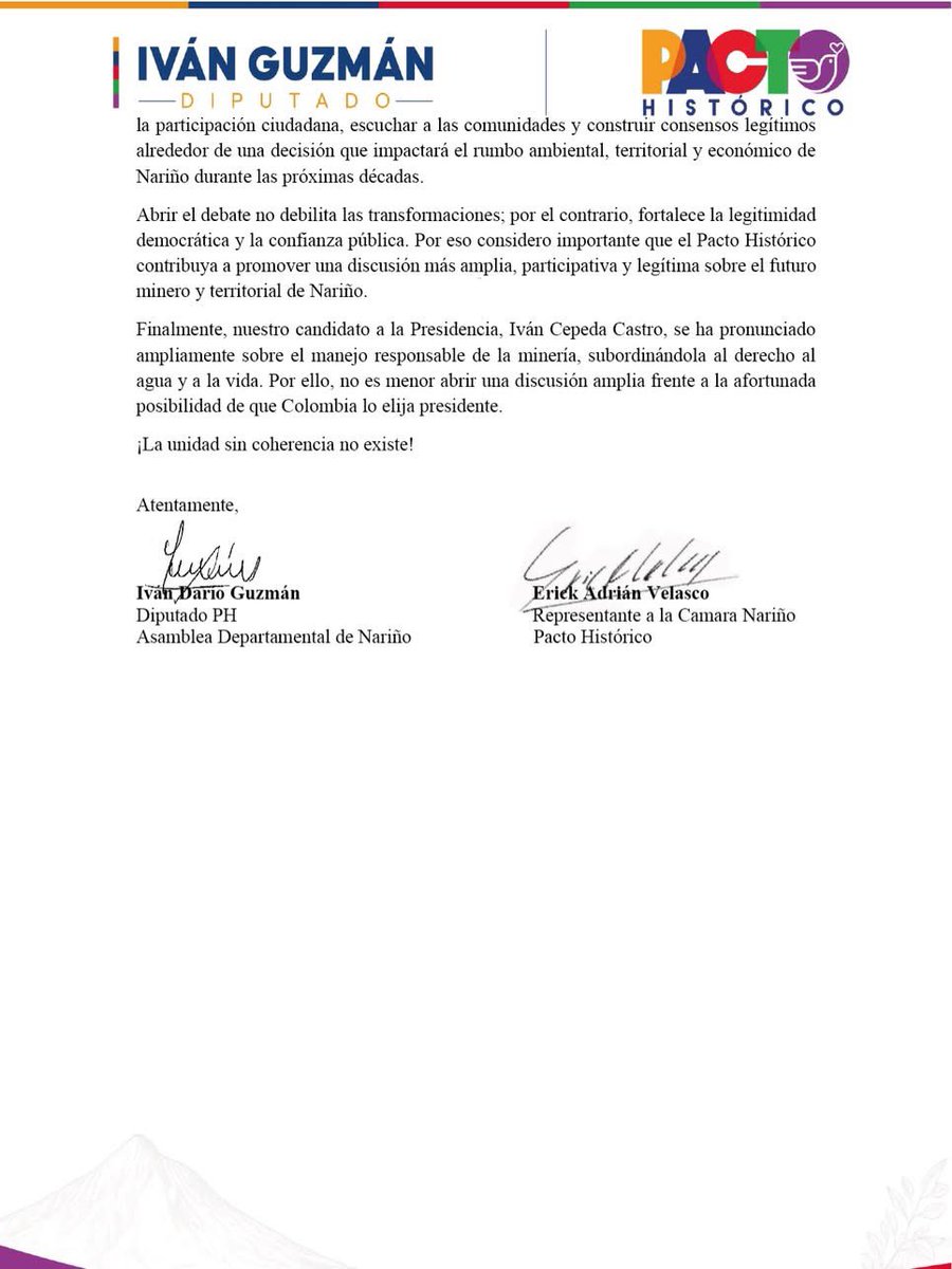 Ivanguzman_c's tweet photo. Discutir cómo enfrentar la economía ilegal, proteger el territorio y definir el papel del Estado en la minería exige abrir la conversación, escuchar a las comunidades y garantizar un debate público amplio, legítimo y democrático para Nariño. https://t.co/5P2TqQw1EJ