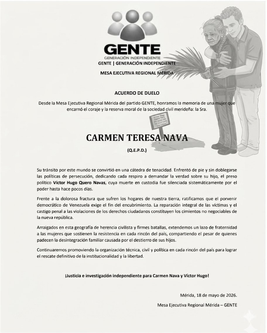GenteconMariaC's tweet photo. Nuestra humilde oración para la señora Carmen Tereza Nava y para su hijo, partieron en momentos duros para todos silenciados de la peor manera, solo por pensar diferente, Paz a sus Restos.

Gente Mérida https://t.co/jt0Q1Wne8O