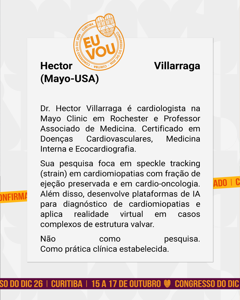 CongressodoDIC's tweet photo. IA para cardiomiopatias. VR para válvulas complexas. Strain em corações com função preservada.

Dr. Hector Villarraga (Mayo Clinic) não está prevendo o futuro da imagem cardiovascular. Está fazendo.

Em outubro, Curitiba. #DIC26
https://t.co/tIbyHjxazp https://t.co/p4j2yrJesx