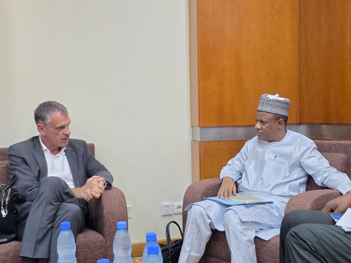I_Babani's tweet photo. Earlier today in Bangui, I held productive discussions with H.E. Christian Sedat, the German Ambassador to Cameroon, the Central African Republic, and Equatorial Guinea.

While appreciating the Ambassador for the fruitful meeting, @lcbc_cblt acknowledges the German Government’s steadfast support through GIZ in promoting effective water-resource management in the Lake Chad Basin and strengthening resilience among vulnerable communities in the region.