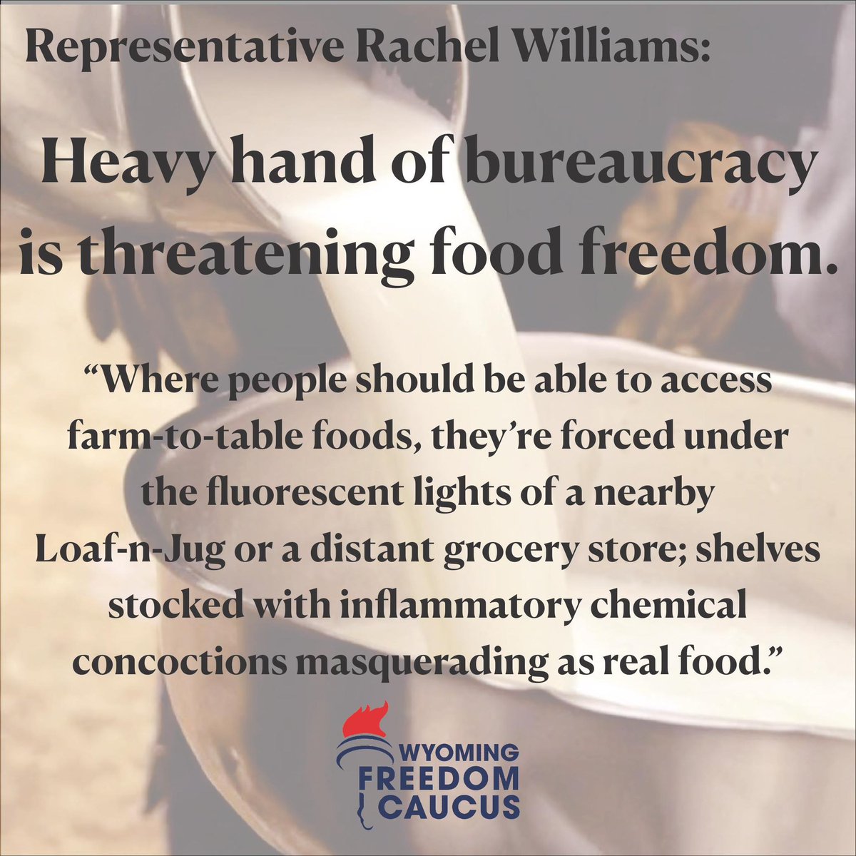 WYFreedomCaucus's tweet photo. "In a state with more than 10,000 farms and ranches spanning nearly 30 million acres of land (much of them are small, family-run operations), we can and should tackle our food desert problem with true food freedom reform."

Read WYFC Chairman Williams' full food freedom column 👇 https://t.co/gKVIQ0zzSV