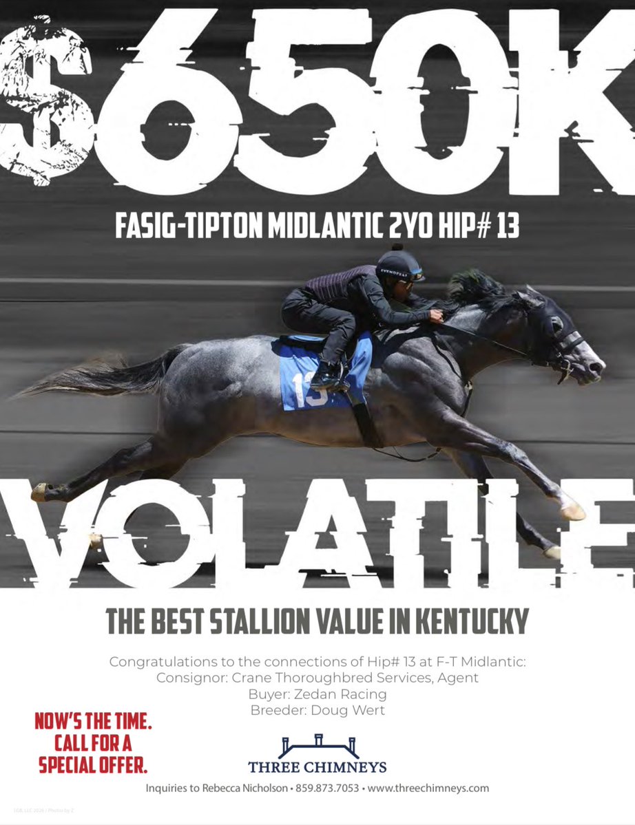 theTDN's tweet photo. $650k 💰 Hip 13 at F-T Midlantic

Sired by VOLATILE ⚡️ 

The best stallion value in Kentucky, standing at @Three_Chimneys. https://t.co/FyFNU4C6bB