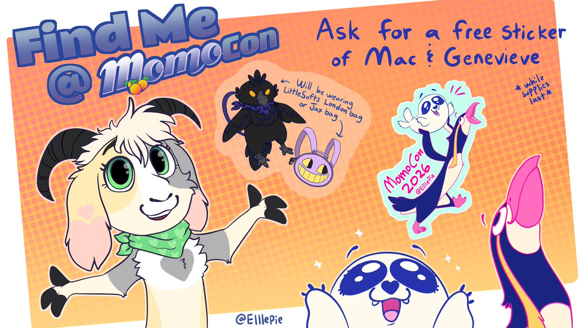 ElllePie's tweet photo. I’ll be at MomoCon this weekend! Gonna be handing out stickers of Mac and Genevieve as well :) can’t wait to see everyone and meet new people! https://t.co/ZslykyJWOO