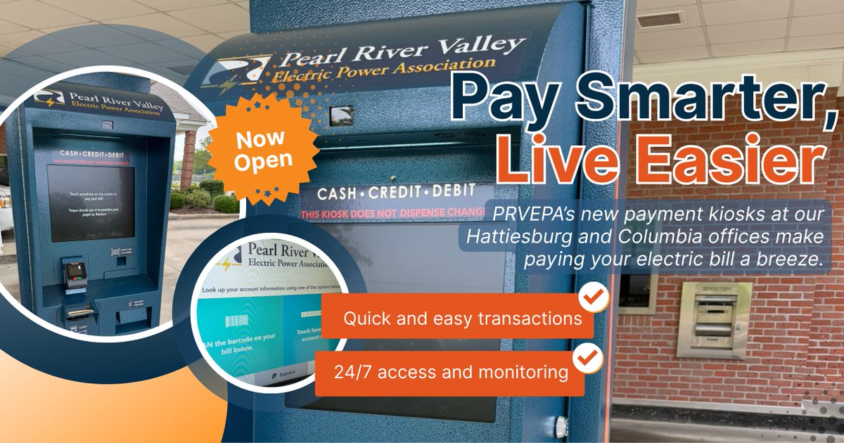 MyPRVEPA's tweet photo. PRVEPA has installed two new self-payment kiosks at our Columbia and Hattiesburg offices. These kiosks provide a 24/7 safe, secure, and convenient way to make payments on your schedule.
Simply have your account number or bill ready.  Credit/Debit and Cash accepted. https://t.co/96nyap6lUs