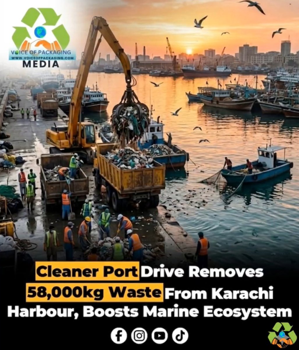 voicepackaging1's tweet photo. Karachi Harbour clean-up removed over 58,000 KG of floating waste under the “Cleaner Port, Healthier Marine Ecosystem” initiative. ♻️🌊
Recycling marine waste can create economic opportunities, support SMEs, protect biodiversity, and strengthen Pakistan’s blue circular economy. https://t.co/rOFi401OFb