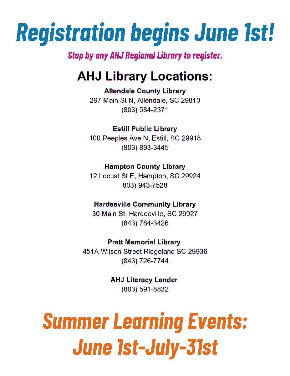 JCSD_SC's tweet photo. Community News: Allendale Hampton Jasper Regional Library Summer Learning Challenge -

☀️📚 Looking for fun, free ways to keep your child learning this summer? The Allendale Hampton Jasper Regional Library System is launching its 2026 Summer Learning Chall https://t.co/T7uwBu81us