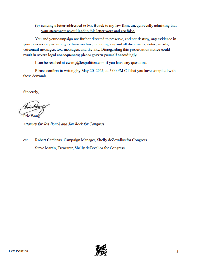 bradj_TX's tweet photo. New: @JonBonckTX's campaign just sent @ShellydeZev's campaign a cease & desist letter demanding retraction of text messages that accused Bonck of being "caught providing mortgages to illegal immigrants at Colony Ridge." #TX38

The texts cite a @WayneDolcefino video, per the letter.