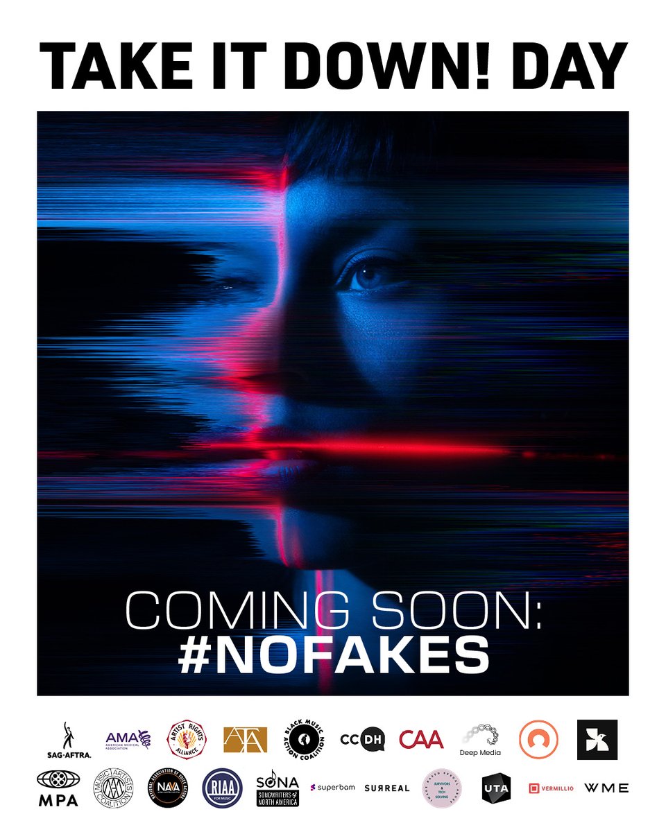 sagaftra's tweet photo. The #TakeItDownAct was a team effort, and we are so proud to see it in effect! Thank you to our partners in the fight for AI protections. We are stronger together! Stay tuned for #NoFakes coming soon: https://t.co/HqQ2M1jYmE. https://t.co/Jt2DD6VvCa