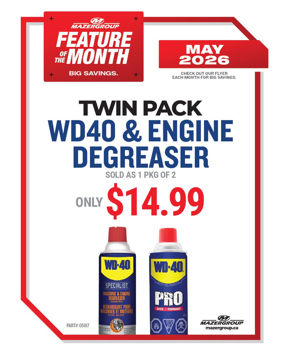 mazergroup's tweet photo. 🚨Feature of the Month🚨

You have a few more days to take advantage of our Feature of the Month! Pick up a twin pack of WD40 &amp; Engine Degreaser for only $14.99.

Stop by your nearest Mazergroup location today!  https://t.co/4KYVo9vXzt https://t.co/vOjeBKnzgS