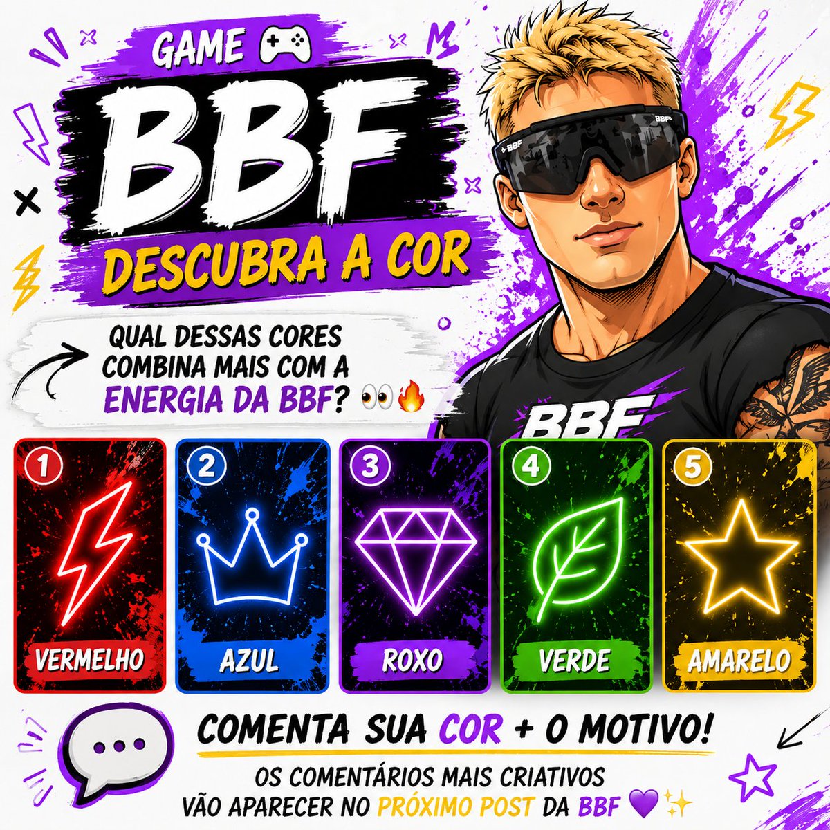 bigbangfake's tweet photo. GAME BBF Descubra a Cor 🎨
Qual cor mais combina com a energia da BBF? 👀
🟥 Vermelho
🟦 Azul
🟪 Roxo
🟩 Verde
🟨 Amarelo
💬 Comenta sua cor + o motivo!
Os comentários mais criativos vão pro próximo post ✨
#BBF #GameBBF #DiscordBR #Interação #ServidorFake https://t.co/dE4sJGf7pE