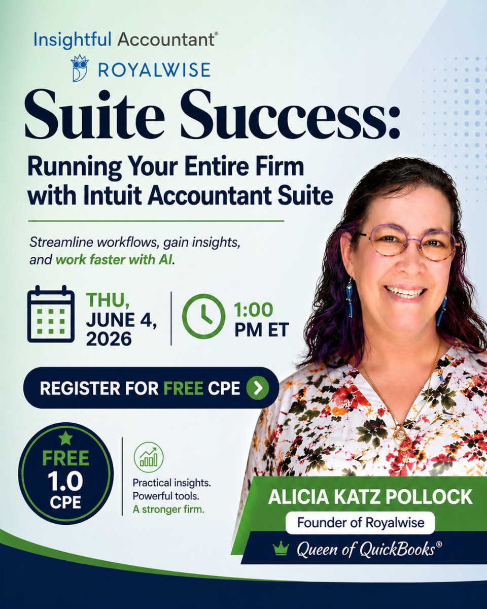 InsightfulActnt's tweet photo. ✨ Suite Success: Running Your Entire Firm with Intuit Accountant Suite  

👉 Transform Workflow. Elevate Advisory.  
 
✨ Register now: https://t.co/SrJc9Nip0m

#IntuitAccountantSuite #AIforAccounting #AccountingGrowth #AccountingTech #FutureOfAccounting https://t.co/A5bGCJFT6e