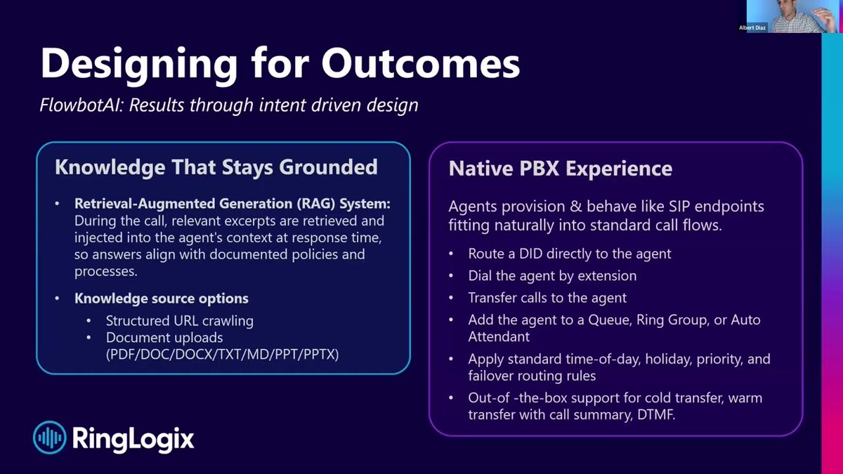 ringlogix's tweet photo. Because #VoiceAI doesn’t “learn your business," agents can make up answers and go rogue. They need context — delivered using RAG. And they need to be native to your PBX.
🎥 Watch Albert explain why: https://t.co/tNwGuzfx08
#UCaaS #MSP #NetSapiens #FlowbotAI #AIArchitecture https://t.co/CpzxqTu8Dq