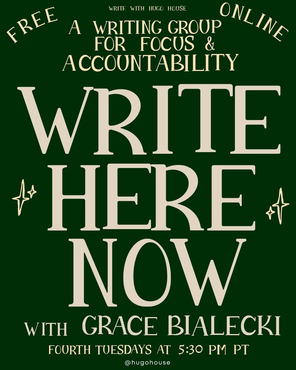 HugoHouse's tweet photo. Struggling to make time to write? Join us Tuesday, May 26 at 5:30 PM PT for a FREE online creative writing accountability circle with @gracebialecki.  Give 90 minutes to your writing, whether you’re working on an ongoing project or responding to a fresh prompt. 

Link in bio. https://t.co/cLUOeh9FN1