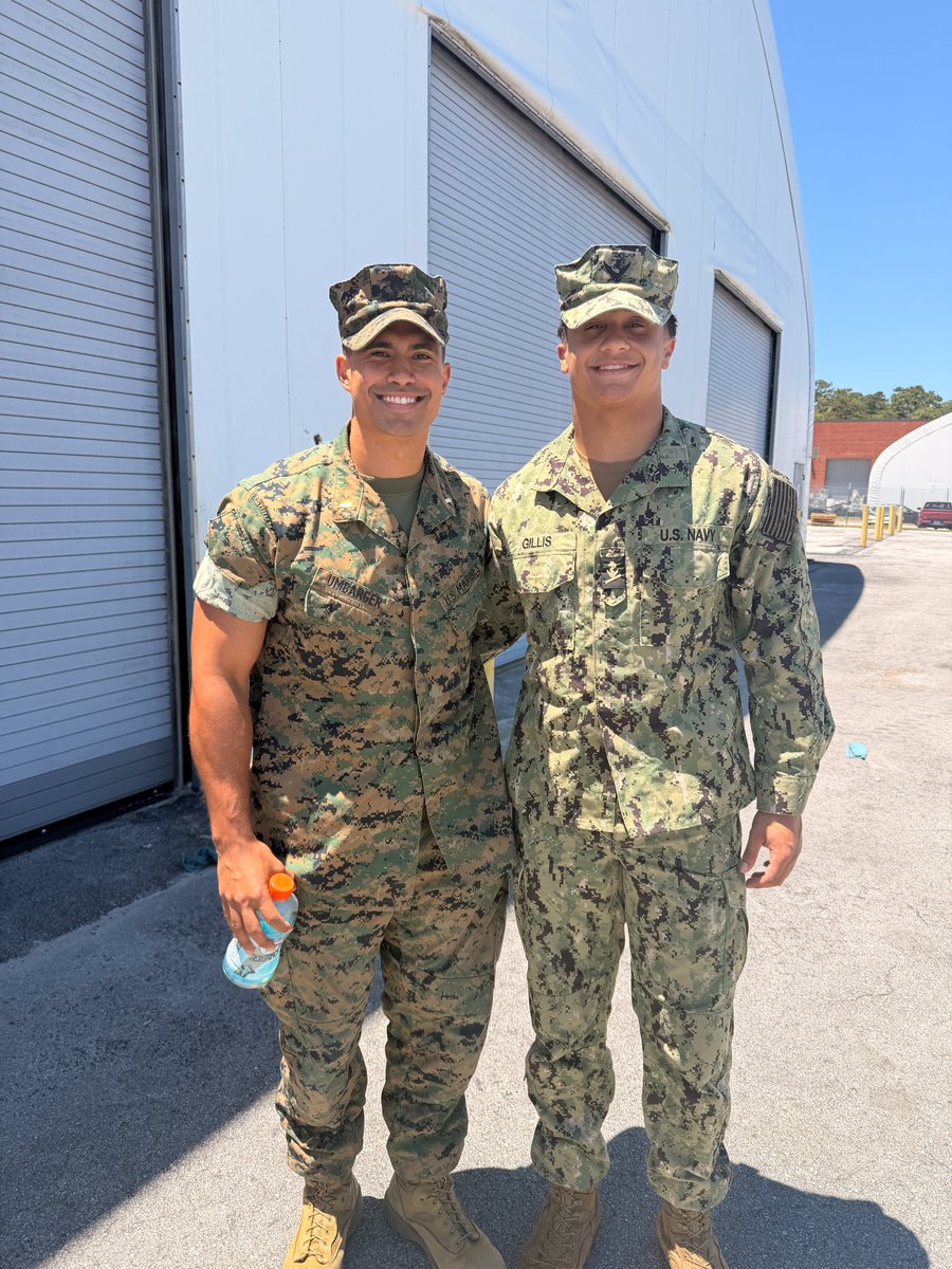 NavyAthletics's tweet photo. Two @NavyFB local products that played at the same high school: sophomore outside linebacker @TAG4469 (Glen Burnie / Archbishop Spalding) and former wide receiver Jayden Umbarger '24 (Baltimore, Archbishop Spalding) at Camp Lejeune. https://t.co/L7GAWoBw5J