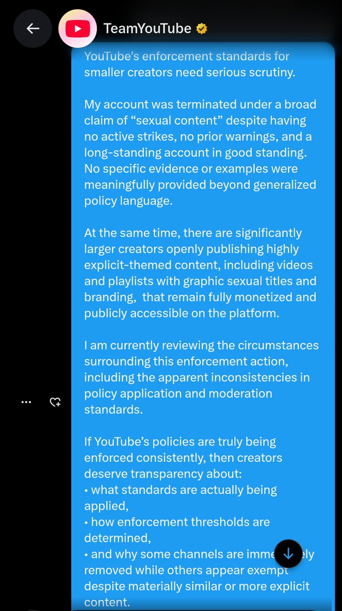 PandorumBlue's tweet photo. @TeamYouTube doubled down on their decision w/o offering evidence or meaningful explanation. Meanwhile, monetized creators with 100k+ subs freely post highly explicit-themed content without issue. This was never about the rigid “moral standards” YouTube claims to enforce equally https://t.co/p54rzzlb5Y