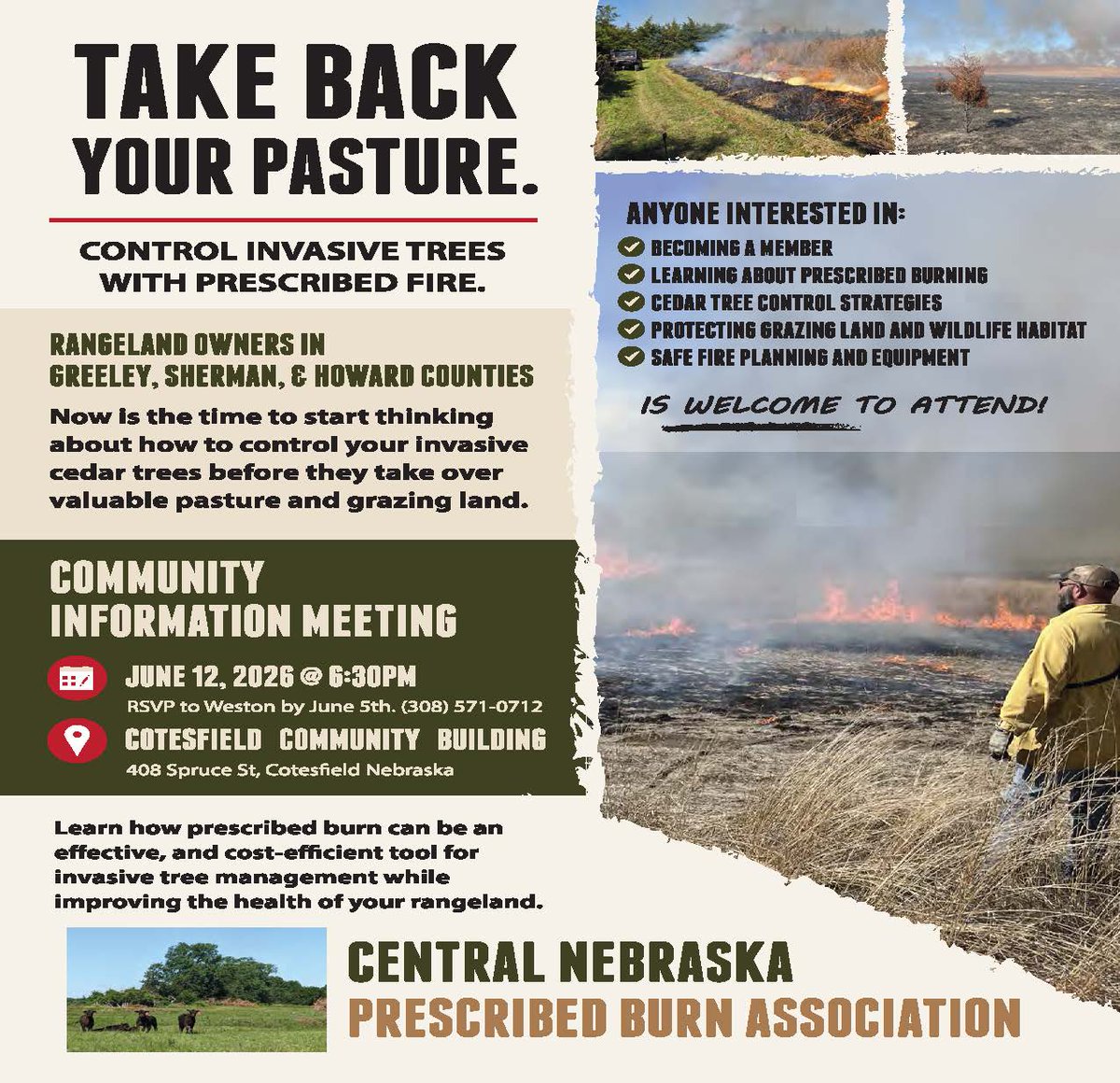 ConserBlueprint's tweet photo. If you are in Central Nebraska and interested in learning more about prescribed fire, please plan to attend a Community Information Meeting on June 12th at 6:30 pm.  This meeting is open to anyone that would like to know more about the Central Nebraska Prescribed Burn Association.
The meeting is at the Cotesfield Community Center, 408 Spruce Street, Cotesfield, NE.  Please RSVP to Weston Poss at 308-571-0712 by June 5th to plan for meals.