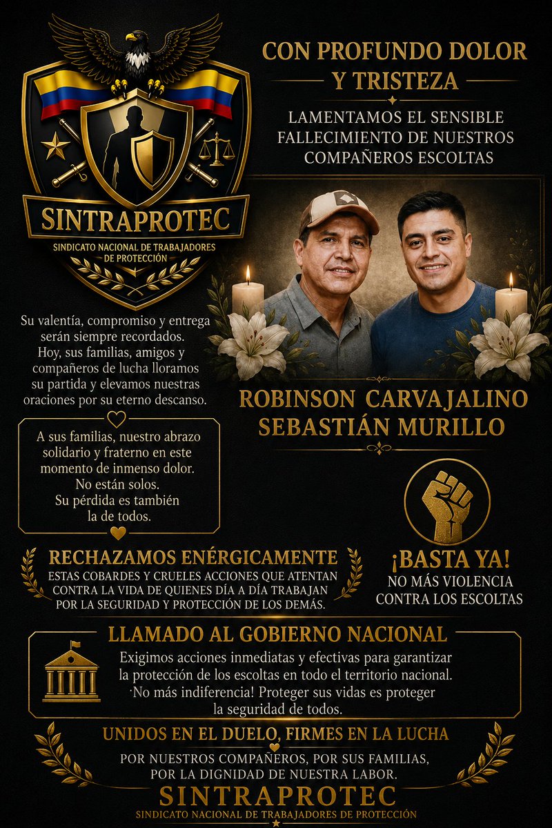 sintraprotec's tweet photo. 🕊️ Con profundo dolor lamentamos la partida de nuestros compañeros escoltas Robinson Carvajalino y Sebastián Murillo. Extendemos nuestras más sinceras condolencias y solidaridad a sus familiares, amigos y seres queridos en este difícil momento.
Hilo https://t.co/nV8qLzThh3