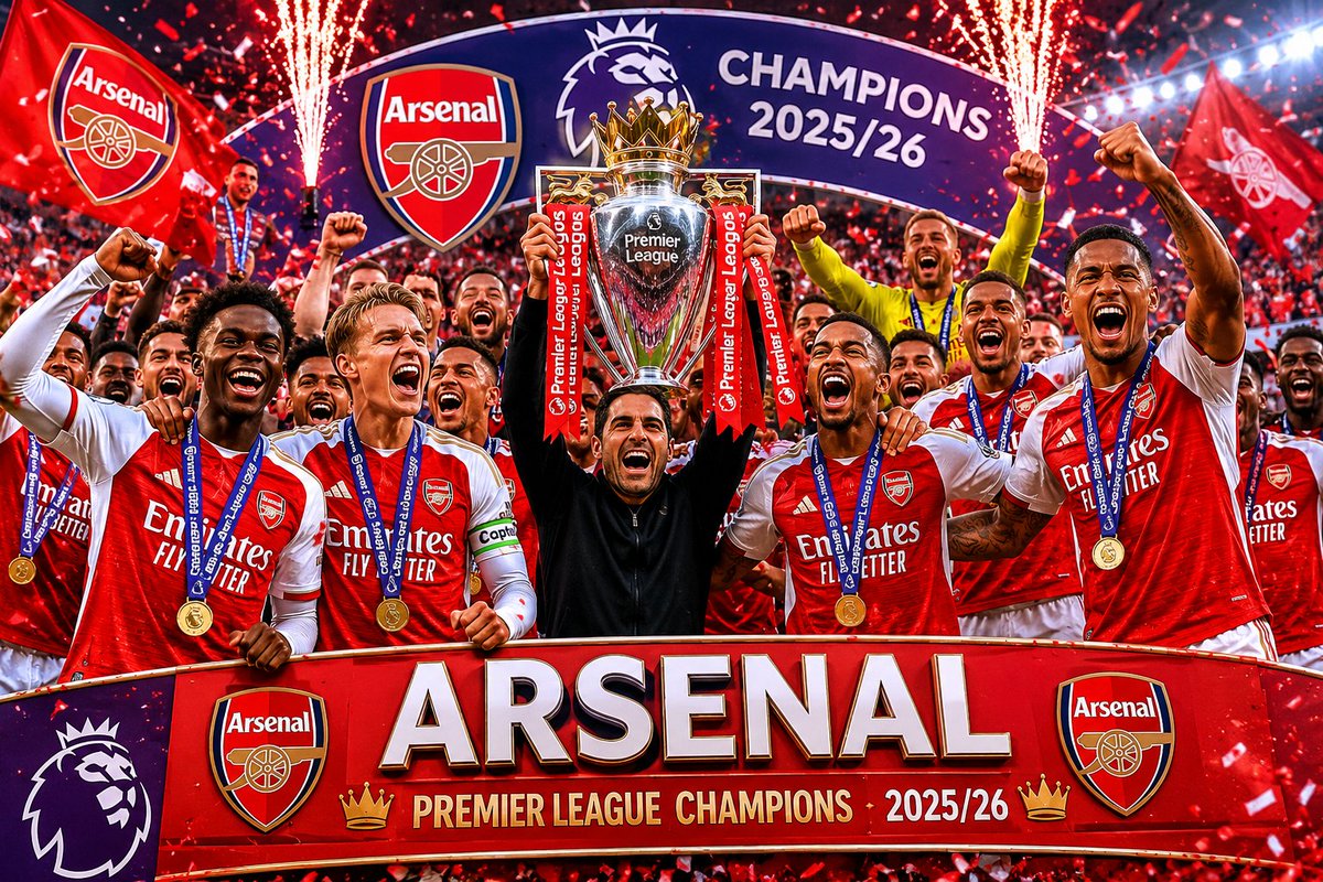 MatchDCentral's tweet photo. 🚨 BREAKING: Arsenal are officially the 2025/26 English Premier League champions 🏆

Mikel Arteta’s side have secured the title, confirming their place at the top of the Premier League after a dominant campaign. https://t.co/2tmwHa75uD