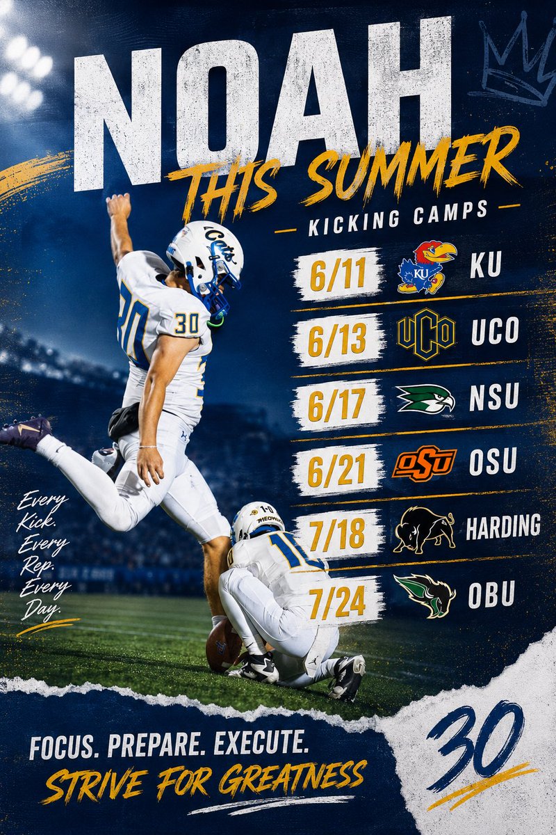 NoahWard_2027's tweet photo. Excited for the opportunity to compete this summer. Thank you to the coaches who have invited me to camp! Here’s my Summer Camp 2026 schedule!
@RecruitPiedmont @Coach_Conwell @CoachDeWeen @coachjatwell @Coach_Holton28 @AdamDorrel @coachjshall @CoachBugg08 @Coach__Kline @Coach_K_Davis @CoachHolman_ @coachjimvert @KickExposure