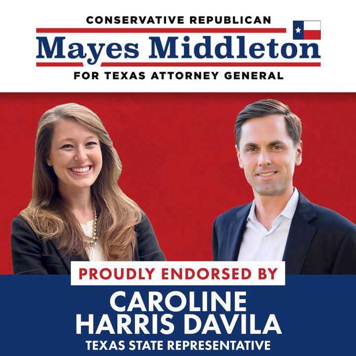 CarolineForTX's tweet photo. I’m proud to support @mayes_middleton for Attorney General. His conservative record speaks for itself and I know he will be a fierce fighter for our Texas values as Attorney General of our great state. I hope you’ll join me in voting for Mayes Middleton for Attorney General. https://t.co/f2wWQYroWL