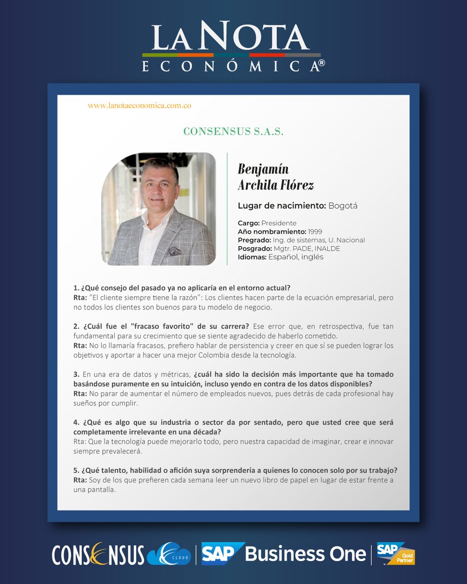 ConsensusCol's tweet photo. 🚀 El liderazgo también es construir futuro, impulsar talento y transformar empresas.  Nos enorgullece ver a nuestro gerente general, Benjamín Archila, en #Líderes2026 de La Nota Económica, compartiendo su visión sobre liderazgo, tecnología e innovación empresarial. https://t.co/RzoIjFXh6M