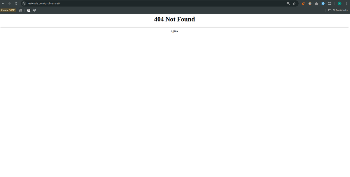 SPalmate09's tweet photo. Facing a 404 Not Found (nginx) error on LeetCode Problemset today. Seems like there may be an issue with the route or service availability. Is anyone else experiencing this? #LeetCode #TechIssue @LeetCode https://t.co/zo0OWtpLZd