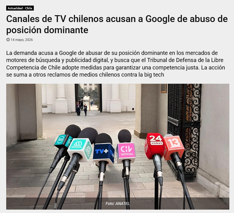 gusgomezgermano's tweet photo. #Chile 🇨🇱 | Canales de TV agrupados en  @AnatelCL presentaron una demanda contra Google ante el Tribunal de  Defensa de la Libre Competencia (@TDLC_Chile) por presunto abuso de  posición dominante en buscadores y publicidad digital.

Un caso más que pone en evidencia las tensiones entre grandes plataformas digitales y  medios tradicionales en la región.

1/3
@Observacom