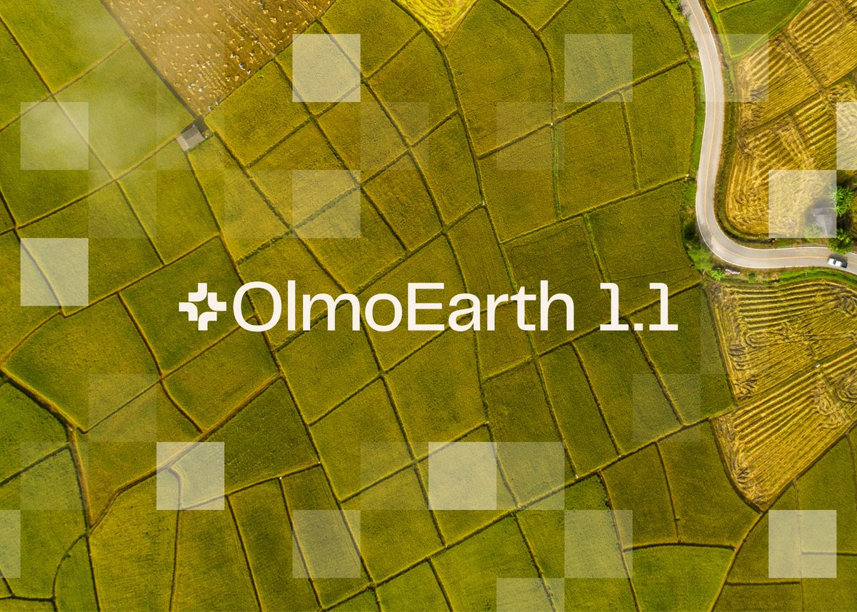 OlmoEarth 1.1 image: Aerial view of farmland, with the writing OlmoEarth1.1 written in white in the center.