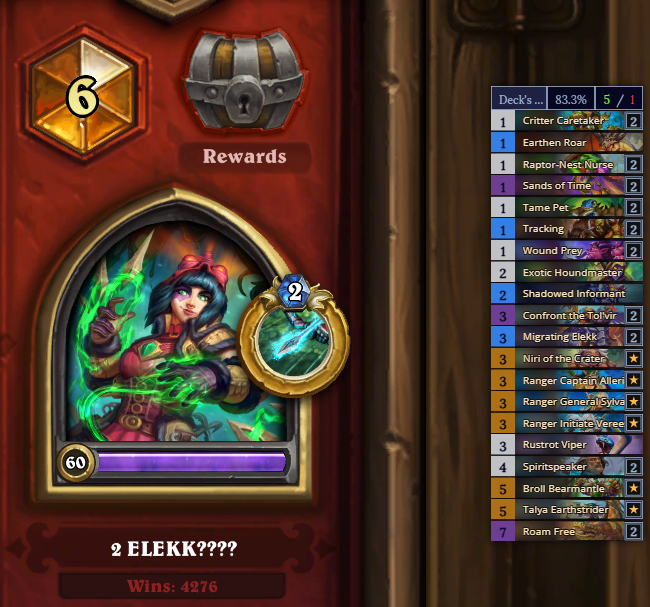 Janos_HS's tweet photo. Only 6 games, but 2 mana Elekk felt good!
(I still wouldn't keep it in mulligan, unless you have tame pet + tolvir or something strong already) https://t.co/kKlvYfneL5