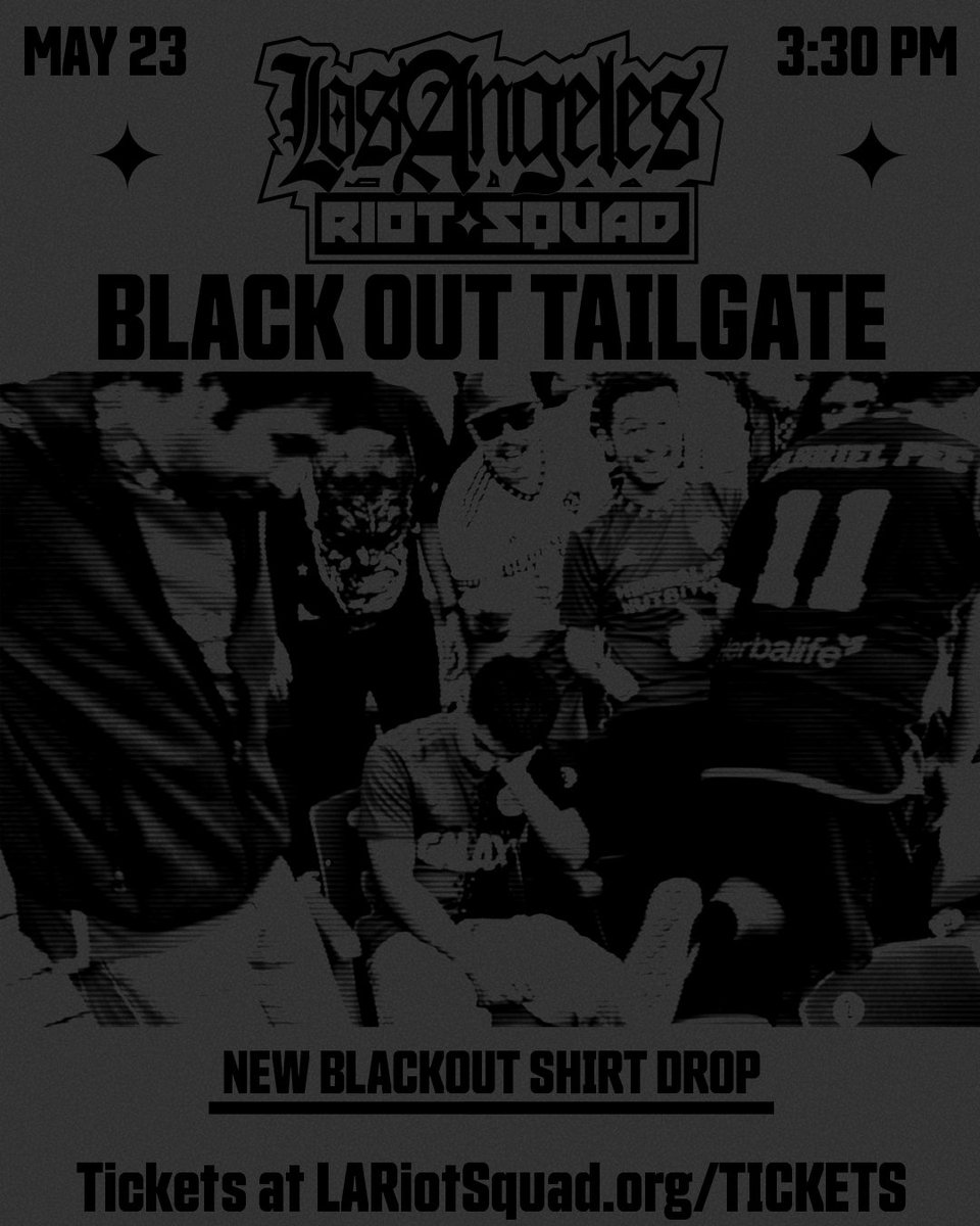 LARiotSquad's tweet photo. We'll be hosting our annual Blackout Tailgate this weekend!

Come join us at 3:30pm this Saturday as we welcome the G'z back home. Dress in all black to help that blue, white, and gold pop!

A Blackout tshirt will be available at the LARS tailgate!

💙🤍💛
___🖤___ https://t.co/yZ60C7UqcH