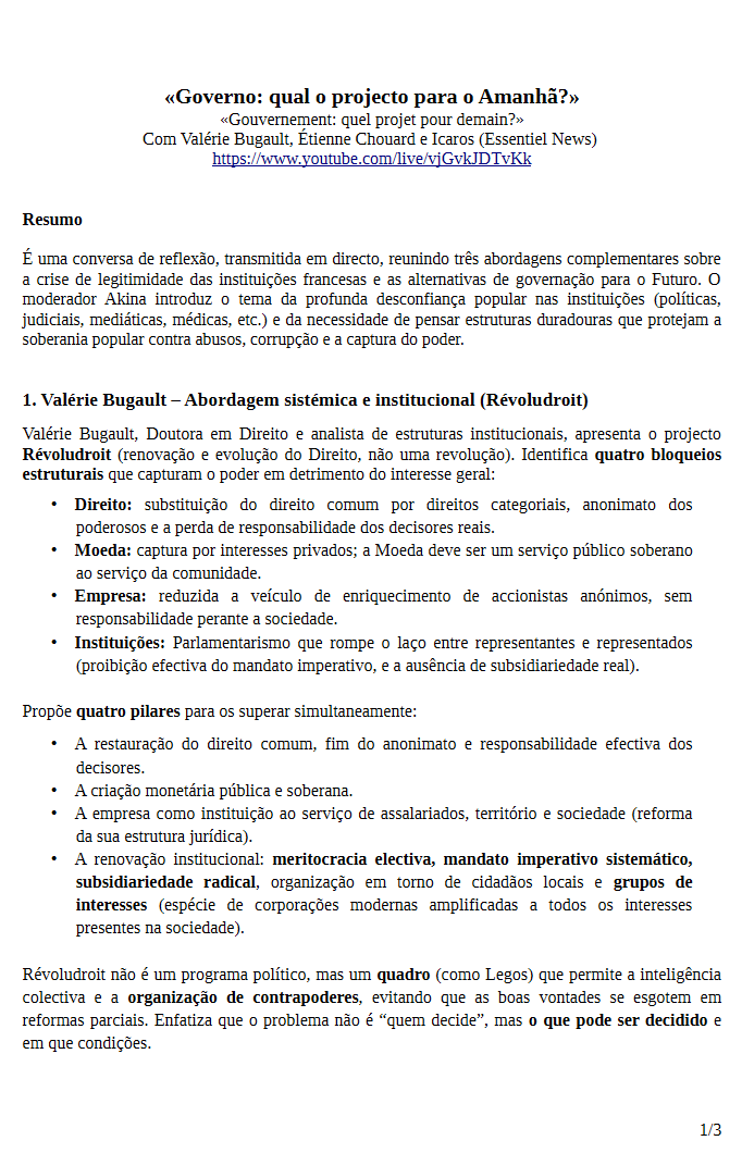 RestaurarPortug's tweet photo. 3 ABORDAGENS PARA O GOVERNO DE AMANHÃ
Com Valérie Bugault, Étienne Chouard e Icaros https://t.co/qUY6cAgPwL https://t.co/lTYv3ZNza4