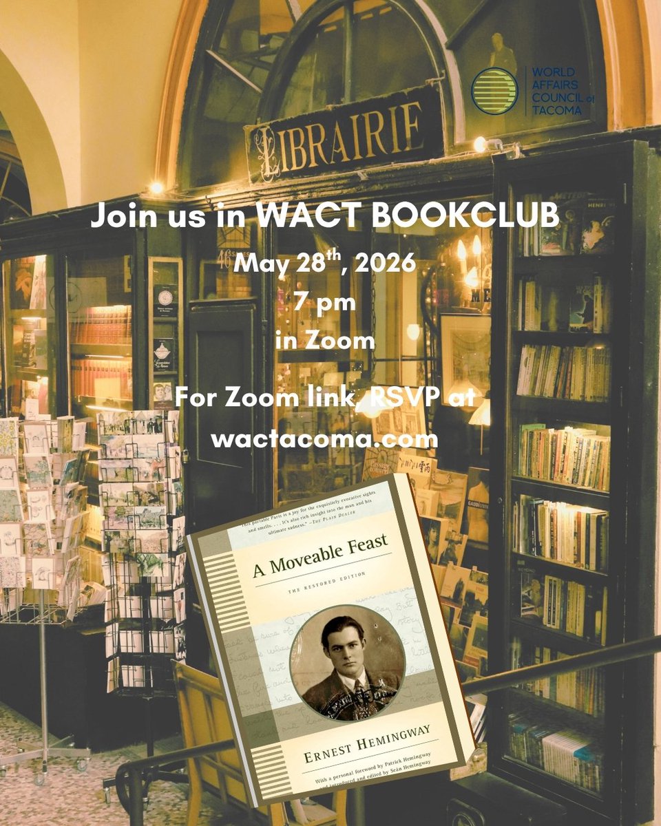 WACTacoma's tweet photo. RSVP at https://t.co/KvU1JqkvUA

WACT Book Club

A Moveable Feast by Ernest Hemingway

Time &amp; Location
May 28, 2026, 7:00 PM https://t.co/HoUZS5QQU2