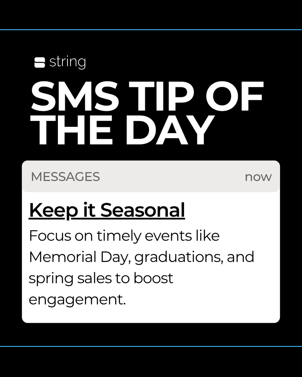 joinstring's tweet photo. Stay on your audiences’ radar with seasonal and event-driven campaigns and outreach. Put your brand in the palm of their hands with SMS marketing from String! #sms #smstip #businesstool https://t.co/igjgjuooB2