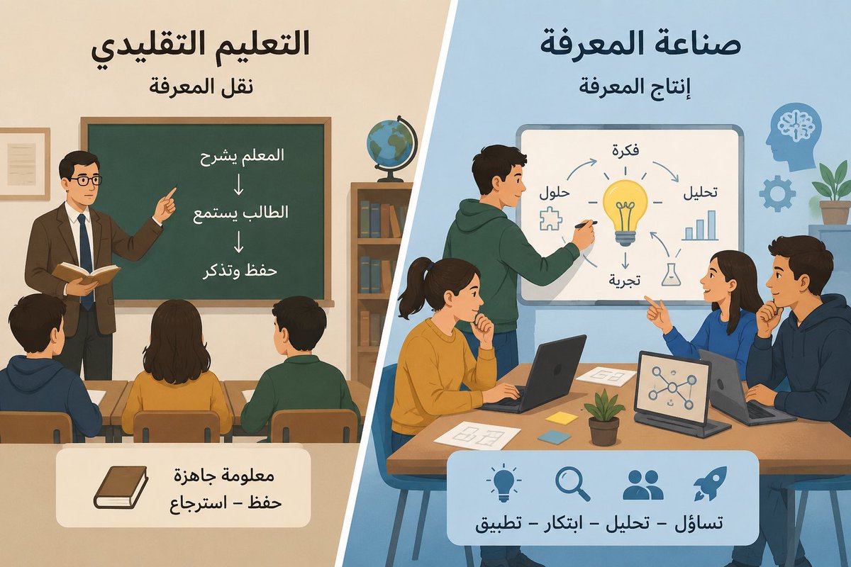 sameer_alnamri's tweet photo. نزلت منشور عن كيف تتحول المدرسة لمنتجة للكهرباء لا مستهلكة

كتب أحدهم: أن المدرسة دورها التعليم لا الكهرباء وهذا بصراحة استفزني كثيراً

تقليديًا، كانت المدرسة تقوم على نموذج نقل المعرف يعني المعلم يشرح، والطالب يستقبل، ثم يحفظ ويعيد إنتاج المعلومات في الاختبار. 

وبصراحة كان ذلك منطقيًا عندما كانت المعرفة نادرة، والكتاب والمعلم هما المصدر الأساسي للمعلومة

لكن بعد ظهور نماذج الذكاء الاصطناعي مثل OpenAI وGoogle وغيرها، أصبحت المعرفة متاحة فورًا وعلى مدار الساعة: شرح تلخيص ترجمة، حل مسائل، محاكاة، وحتى إنتاج أبحاث أولية.

هنا تغيّر السؤال التربوي بشكل جذري من: كيف نحفظ المعرفة؟
إلى: كيف نصنع المعرفة ونستخدمها ونقيّمها؟ 

لذلك بدأ يظهر تصور جديد لوظيفة المدرسة خاصة في دول مثل فنلندا وسنغافورة، يقوم على تعليم الأطفال مهارات التعلم لا المعرفة: التفكير النقدي، بناء القدرة على التحليل،إنتاج الأفكار، حل المشكلات الواقعية، العمل الجماعي، التحقق من صحة المعلومات، تحويل المعرفة إلى مشاريع وتجارب وابتكار.

يا جماعة المدرسة لم تعد كما كانت .. لقد تغيرت وأسالوا أطفالكم!!