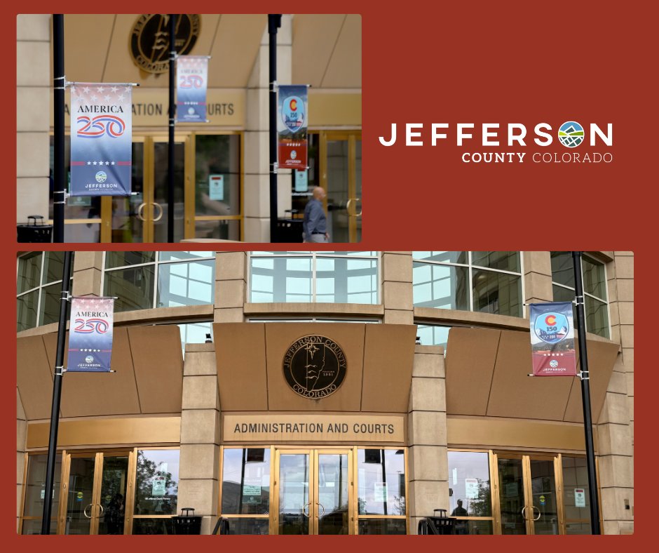JeffcoColorado's tweet photo. If you visit the Jefferson County Administration and Courts Facility, take a look at the banners outside.

This is one way Jeffco is commemorating America 250 - Colorado 150. In 2026, the United States will mark the 250th anniversary of the Declaration of Independence—our nation’s semiquincentennial. 

At the same time, Colorado will mark the 150th anniversary of our entrance into the Union—our state’s sesquicentennial. As the Centennial State, Colorado is the only one that will observe twin anniversaries—our Sesquisemiquincentennial.