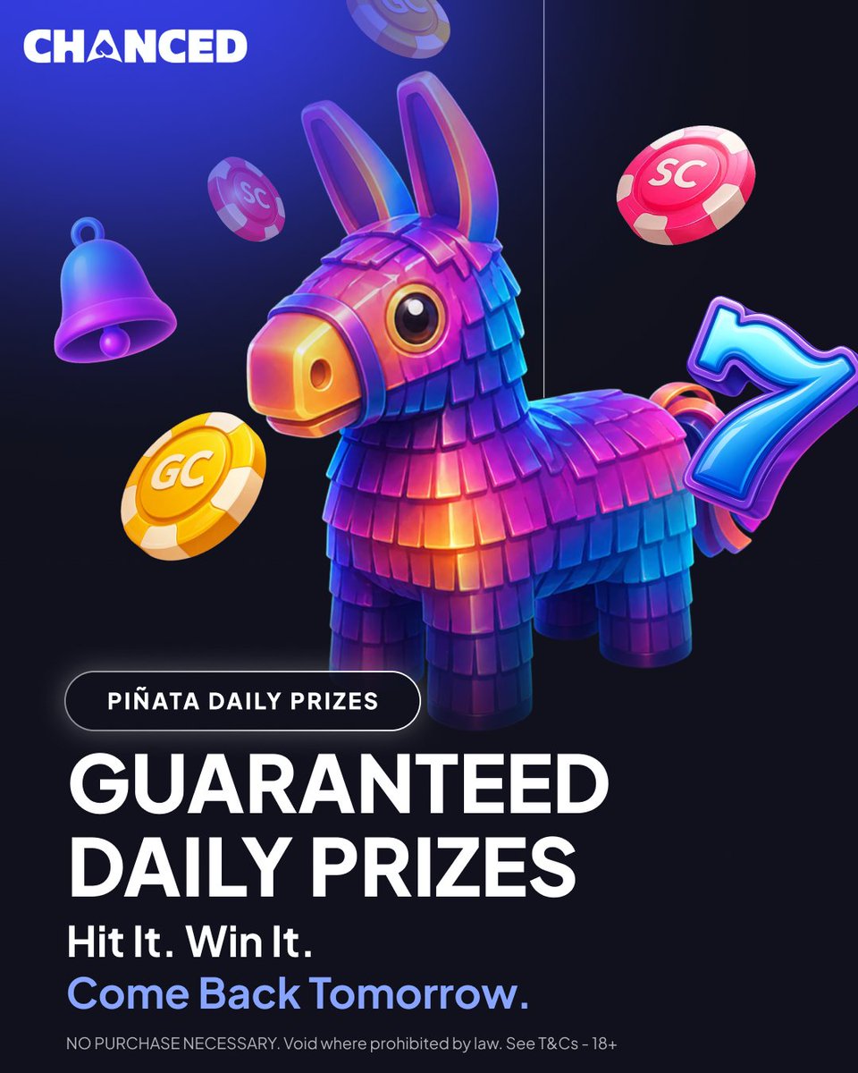 RealChanced's tweet photo. We've extended our Daily Piñata Prizes until May 21st! 🎊 

Visit the promo page daily, tap to smash your piñata, and receive your daily prize! Up to 50 Free Spins, Mega Spins, or Gold Coins, guaranteed 😛 

For full details: https://t.co/gndSffffAK

Promotion ends 5/21. No purchase necessary, T&C apply. Must be 18+.
