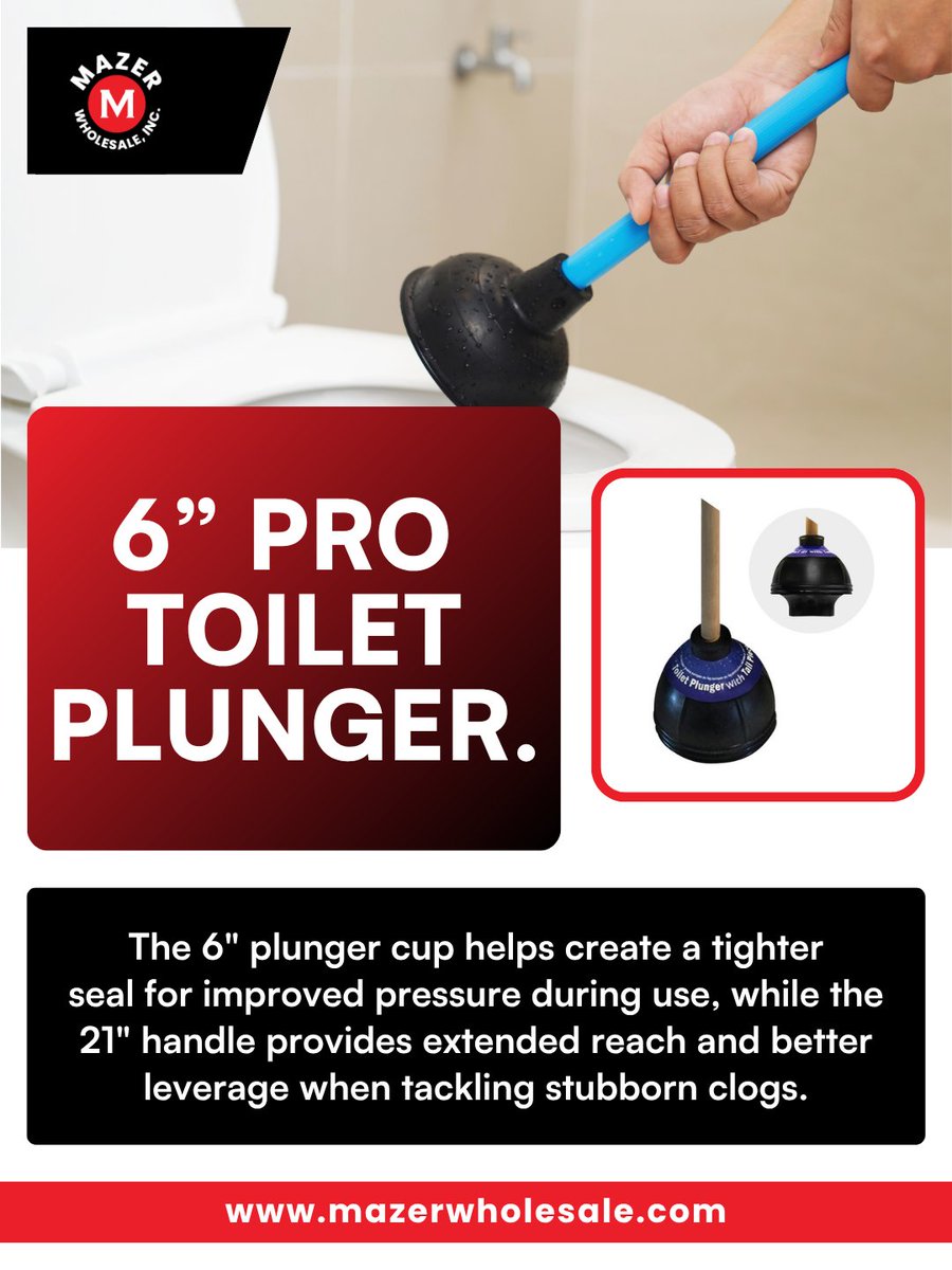 MazerWholesale's tweet photo. This 6" pro toilet plunger is designed to create effective pressure where it counts, helping clear toilet blockages faster and with less effort.

https://t.co/quZMtipY5l

#MazerWholeSale #toiletplunger #plumbingtools #janitorialsupplies #bathroommaintenance https://t.co/Ydntdh43Z4