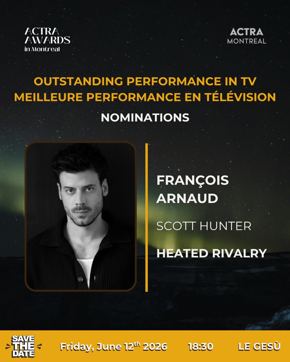 heatedrivalryud's tweet photo. François Arnaud and Sophie Nélisse have been nominated for 'Outstanding Performance in TV' for their roles in 'HEATED RIVALRY' at the ACTRA Awards in Montreal. https://t.co/KUkNiDTwGt
