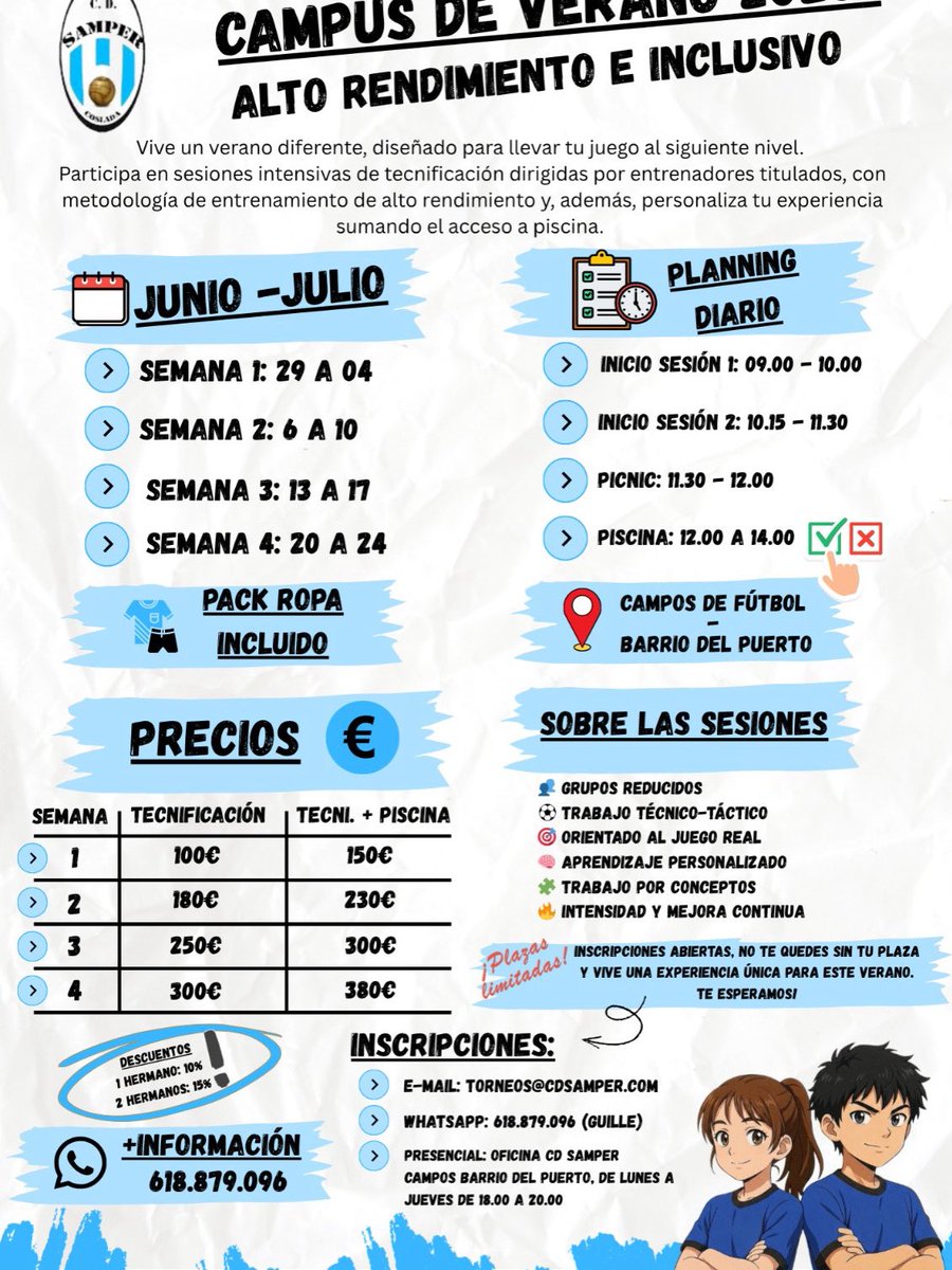 cdsamper's tweet photo. 🎉🥳 *¡Familias, que llega el mejor verano para vuestros hijos!* 🥳🎉

⚽💙🤍 *Campus de Verano del C.D. Samper* 💙🤍⚽

📅 Todo el mes de julio (semanas sueltas para elegir).
🎯 Edades: de 5 a 16 años.
     *¿Qué incluye?*
⚽ Tecnificación de fútbol adaptada a cada edad. https://t.co/5rqQtkPDMZ