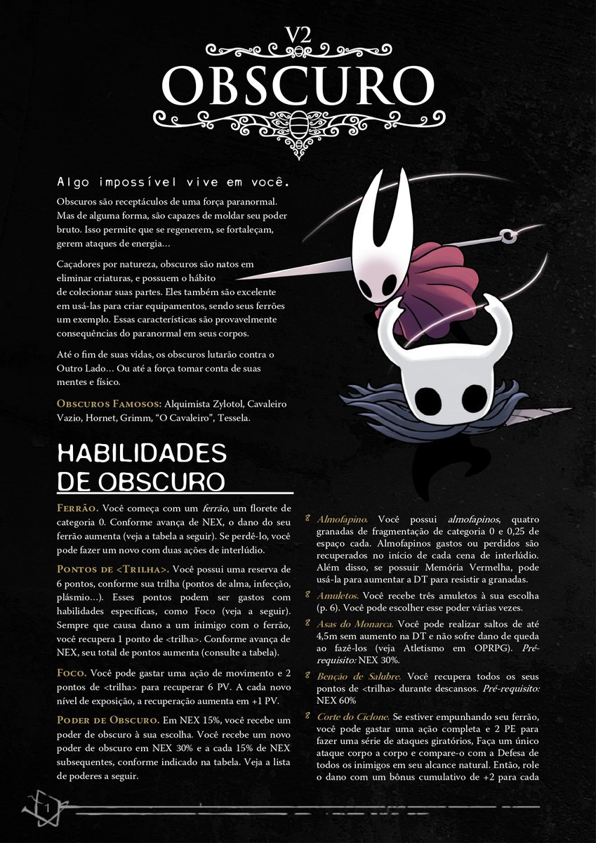 craftbr_rpg's tweet photo. Obscuro (v2) - Classe baseada em Hollow Knight/HK Silksong [Parte 1]

*Mais Homebrew na Bio*

#OrdemParanormal #OrdemParanormalRPG #Hexatombe #ArquivosSecretos #HollowKnight #HollowKnightSilksong #Silksong https://t.co/Tw9mLFvRGK
