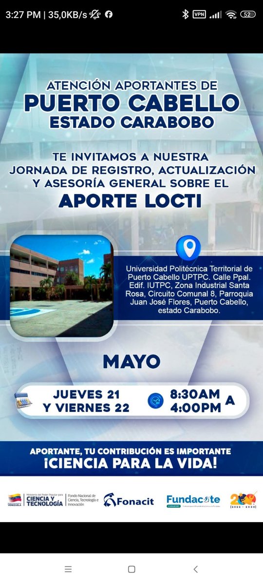 AitanaCorcega's tweet photo. 📢 ¡Puerto Cabello! Empresarios, comerciantes y contadores:
¿Dudas con el aporte LOCTI o el SIDCAI?

@fonacit_ve te espera en una jornada de registro actualización y asesoría legal-tributaria.

📅 Jue 21 y vie 22 de mayo

#LOCTI  #Fonacit #CienciaParaLaVida https://t.co/C6yhqxTs5L