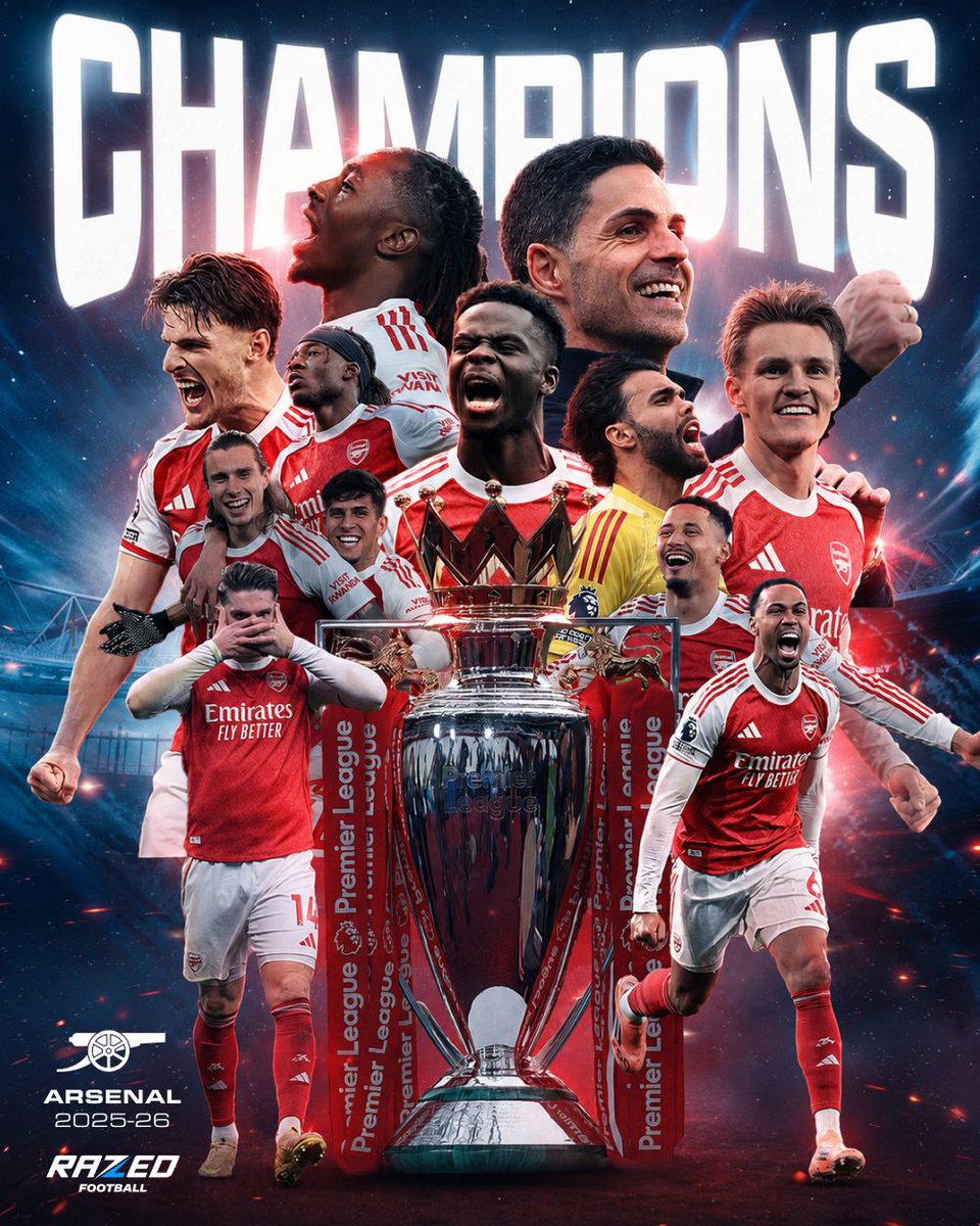 RazedFootball's tweet photo. 𝐀𝐫𝐬𝐞𝐧𝐚𝐥 are officially Premier League Champions for the 2025-26 season! 🎉🍾 https://t.co/Ejxsn8YslX